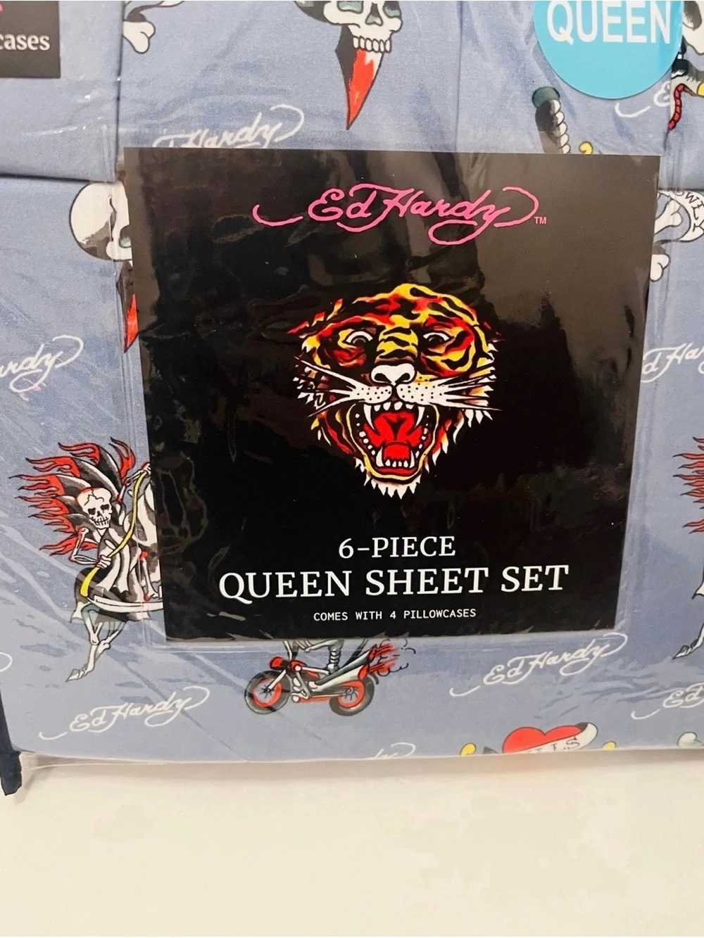 Ed Hardy Blue 6 Piece Queen Size Sheet Set Motorcycles Skulls Love Kills Slowly